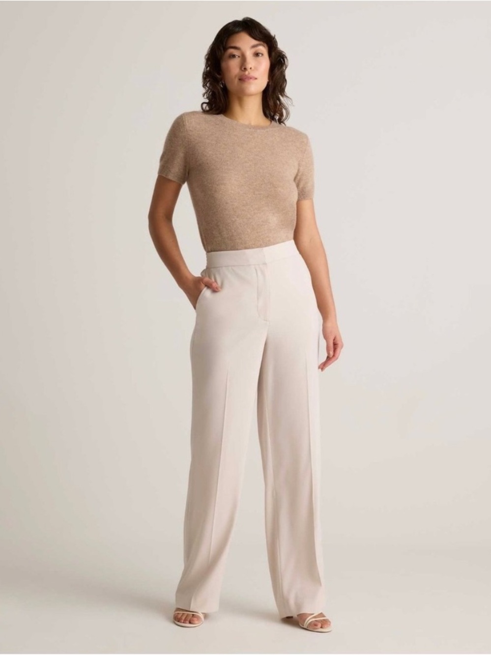 Quince Stretch Crepe Classic Trouser Pants in Textured Sand